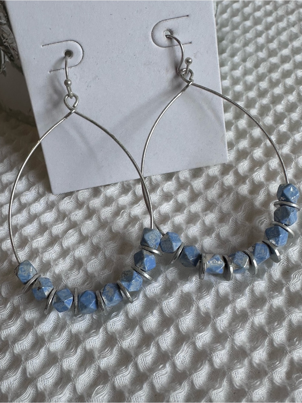 Marlyn Schiff Silver Hoop Earrings with Sky Blue Faceted Beads